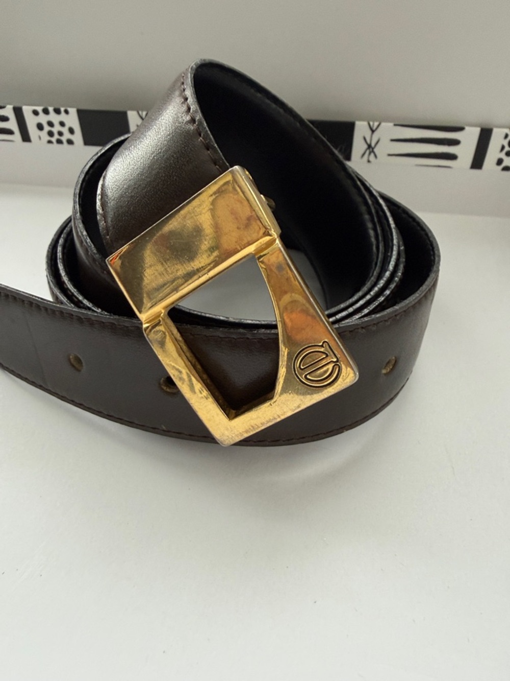 Gold Buckle Dark Brown Leather Belt reversible